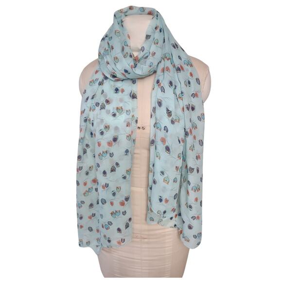 Japanese Silk Scarf Large Lite Turquoise Owl Wrap Lightweight Sheer Flowy Soft - Picture 2 of 5